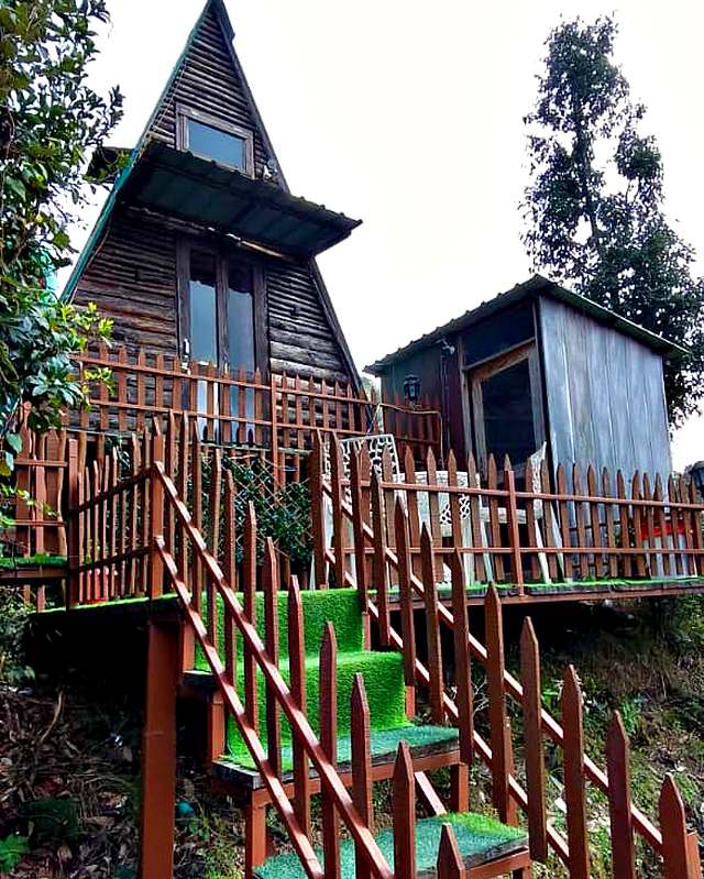 A-frame cottages among the trees at The Rare One’s Resort, Mukteshwar